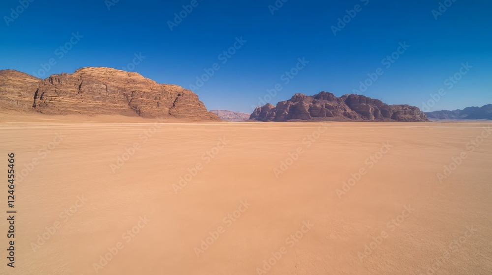 Poster towering sandstone cliffs create a striking contrast with cool desert shadows beneath a clear blue s