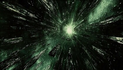 Fototapeta premium Futuristic green city lights streaking through space, ideal for sci-fi projects