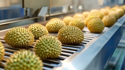 Durian move along a conveyor belt in food processing plant industry