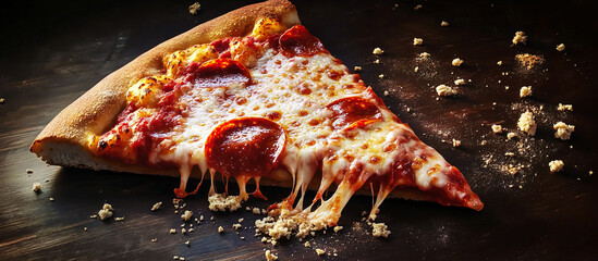 High-res depiction of a bitten pizza slice with crumbs
