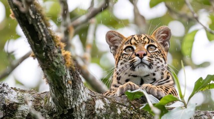 Naklejka premium A curious jaguar gazes upward while perched on a tree branch in a lush rainforest setting