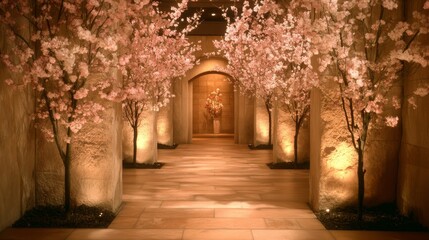 Fototapeta premium Tranquil Pathway with Blossoming Cherry Trees in a Stone Building