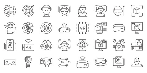virtual reality set of web icons in line style. XR, VR, AR, AI, MR, Metaverse and Virtual. Vector illustration
