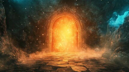 Fototapeta premium Mysterious glowing portal opening into the unknown fantasy realm digital art ethereal environment wide angle view
