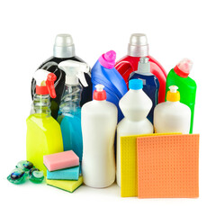 Cleaning and disinfectants isolated on white.