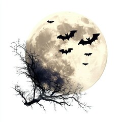 Eerie Full Moon with Bats, Halloween night scene, glowing illustration, haunting atmosphere, isolated on white background