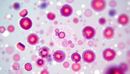 Microscopic View of Pink and Purple Cells in Motion