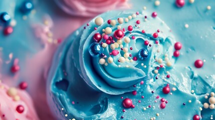 Colorful cupcake with blue frosting and sprinkles