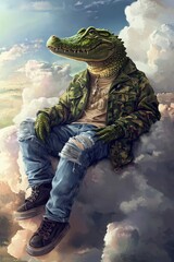 Crocodile in Camo Jacket with Ripped Jeans