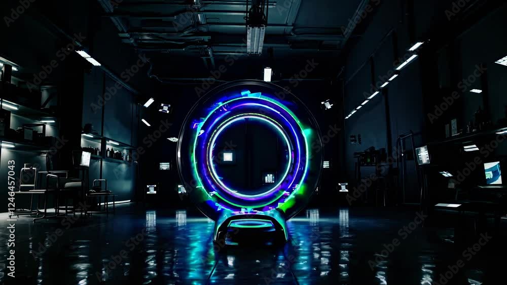 Poster exploring a futuristic laboratory with glowing neon circles and advanced technology at night