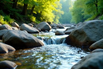 Mountain brook babbling over smooth rounded rocks, scenery, geology, nature