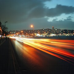 Nighttime Cityscape with Car Streaks & Bridge Lights, Long Exposure Effect & Dynamic Contrast.