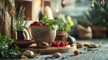 Rustic kitchen with fresh vegetables and herbs