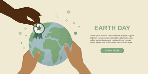 Earth Day Global Achievement Award banner. Hands holding Earth with a star-badged award, symbolizing environmental accomplishment and global cooperation. Earth day concept. Flat. Vector illustration