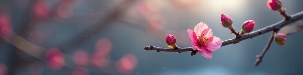 Single pink petal on a bare tree branch in the winter, tree, red, blossom