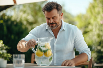 Man in a casual setting pours refreshing citrus-infused water from a pitcher. The scene captures a moment of relaxation and hydration amidst a lush, green background