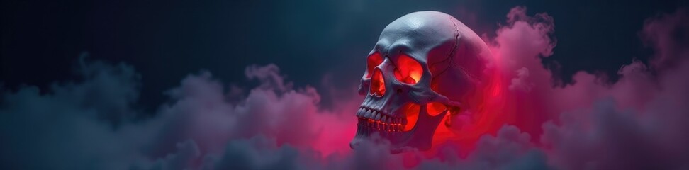 Skull with eerie glow on dark foggy background, smoke, mystical