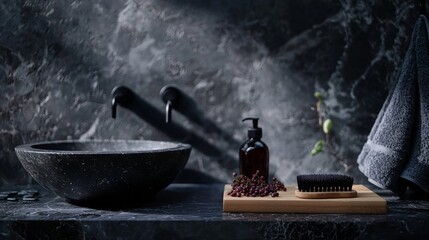 Rustic bathroom decor with a stone sink and natural accessories