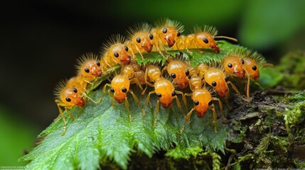Naklejka premium Orange ants clustered on a leaf in a forest