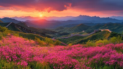Sunrise over the Great Wall of China, vibrant wildflowers in foreground.