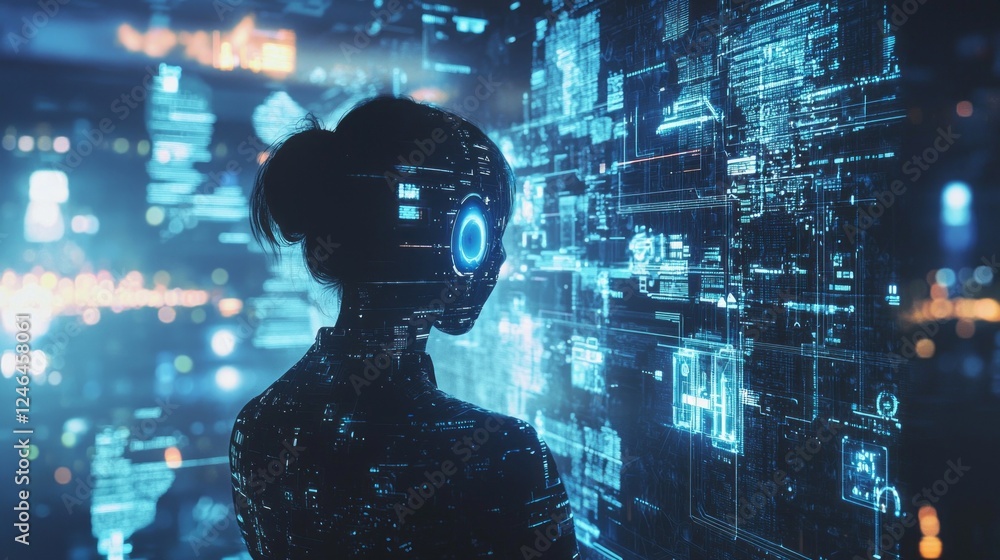 Poster amidst a vibrant urban backdrop, a figure stands captivated by glowing digital interfaces. this artw
