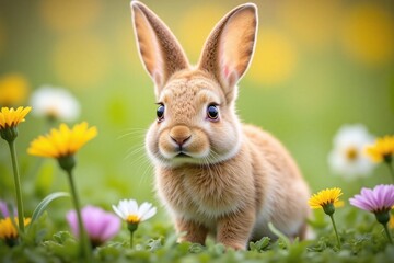 Fototapeta premium young rabbit in lush floral meadow golden brown fur