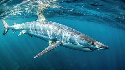 Naklejka premium Majestic shark swimming gracefully in clear blue ocean waters, sunlight filtering through waves