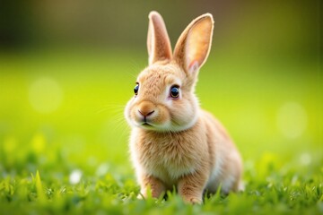 Fototapeta premium young rabbit in lush green meadow sunny day looking at camera