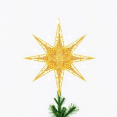 Obraz premium Golden glitter star tree topper, sparkling with festive shine, ideal for decorating Christmas trees and adding a touch of elegance to holiday decor. Isolated on white background.