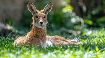A serene gazelle resting in lush green grass under soft sunlight in a tranquil natural setting