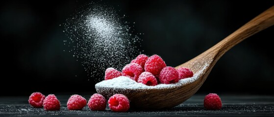 A wooden spoon filled with raspberries and powdered sugar.