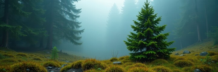 Moss-covered spruce tree stands alone in a misty forest clearing, spruce, wilderness