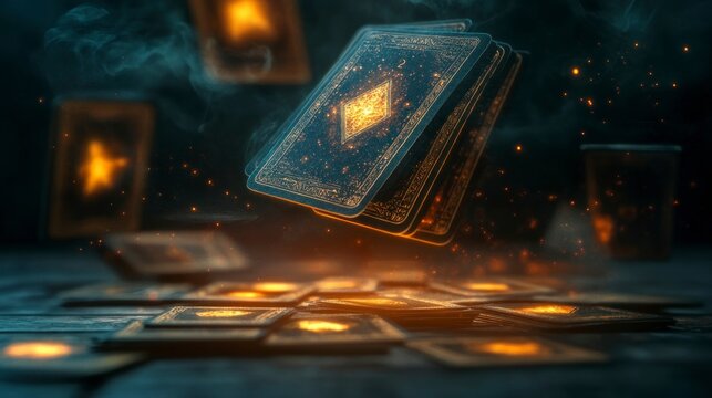 Tarot card shuffle in enigmatic glow mystic chamber high-resolution imagery atmospheric depth dreamy concept