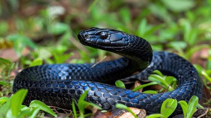 Obraz premium Black snake elegantly coiled on vibrant green grass in a lush forest, surrounded by nature