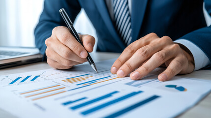 businessman in suit analyzes financial charts and graphs at desk, focusing on data with pen in hand. scene conveys sense of professionalism and attention to detail