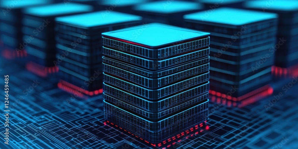 Aufkleber a futuristic representation of stacked data storage units on a digital circuit background, highlight
