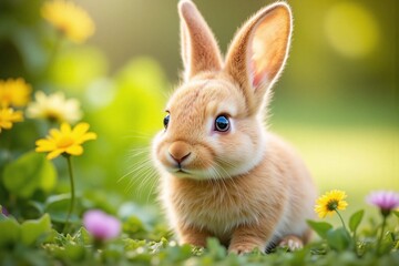 Obraz premium young rabbit in sunlit garden golden brown coat white stripe