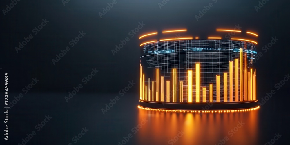 Poster a futuristic data visualization display featuring glowing orange bars and a grid background, represe