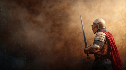Fototapeta premium Knight in Armor with Sword Against Smoke Background