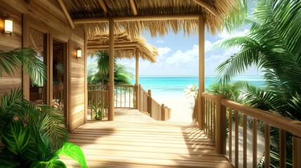 Tropical Beach House Wooden Deck Ocean View