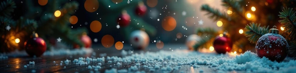 Naklejka premium Snowflakes fall gently on festive Christmas decorations, lights, garland