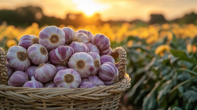 Sunset harvest basket of fresh garlic bulbs in field.