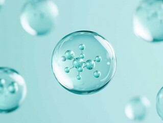 Close-up of transparent bubbles with molecular structures, symbolizing scientific research and innovation in chemistry.
