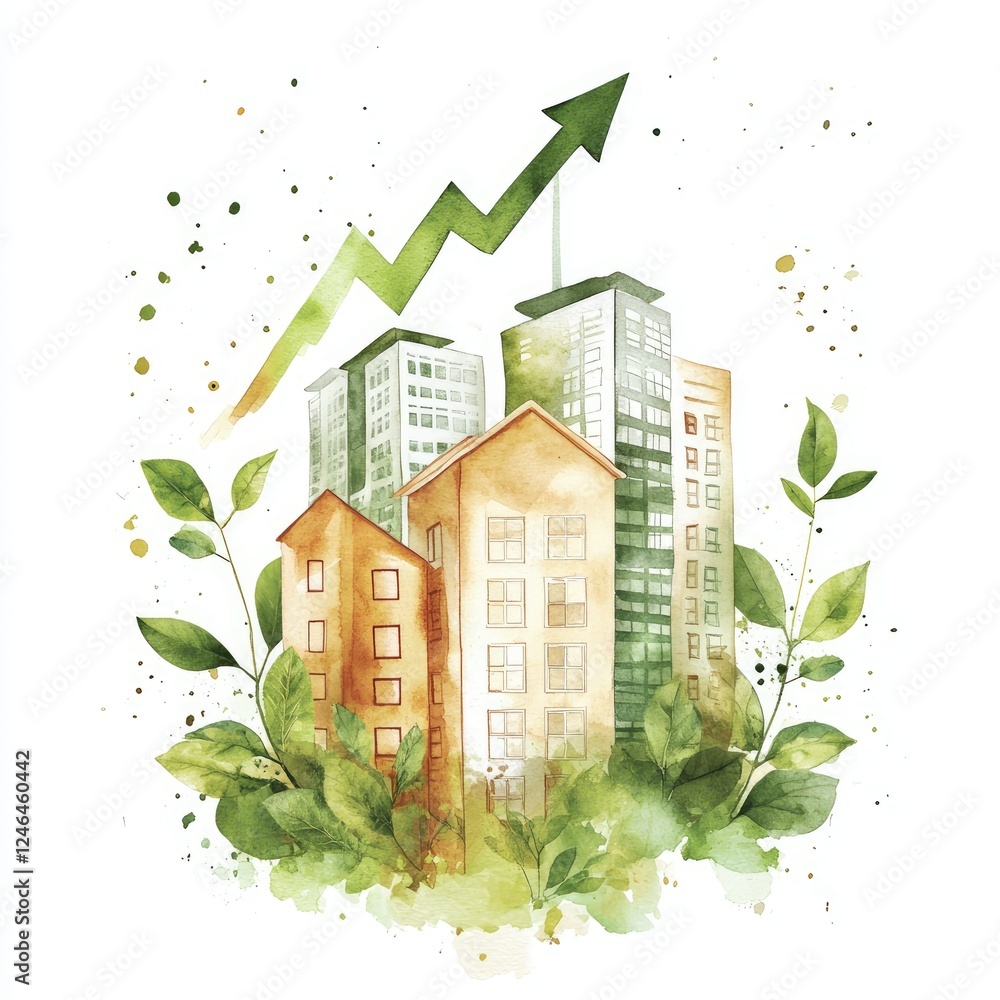 Canvas Prints A soft watercolor painting of buildings with green leaves and a growth arrow rising, symbolizing environmental progress, on a plain white background.