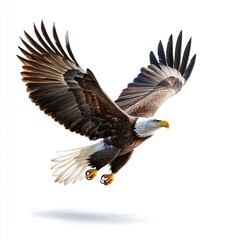 Fototapeta premium Eagle in Flight, an awe-inspiring eagle gliding majestically over a vast valley, showcasing intricate feather details against a pristine backdrop.