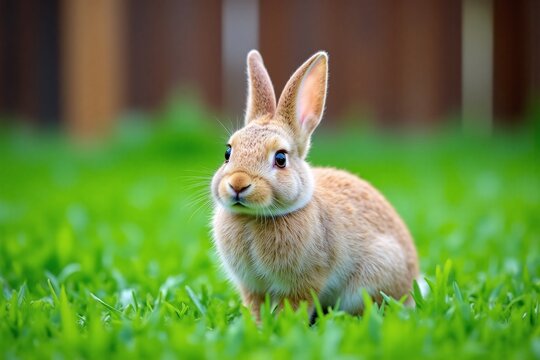 young rabbit on green grassy area light brown fur looking left