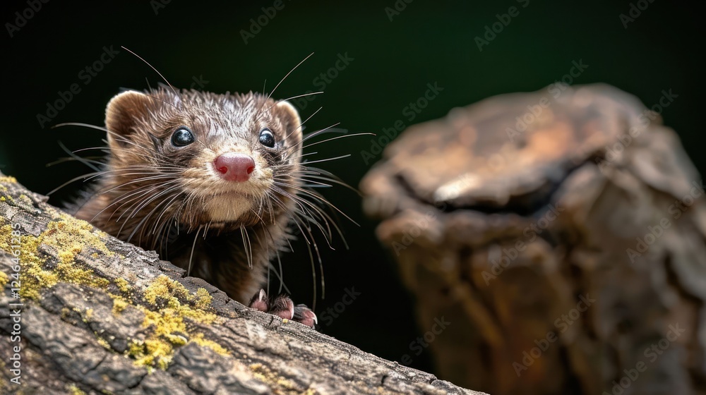 Poster a curious marten peering from a moss-covered log in a serene forest setting