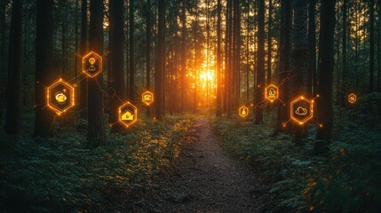 Sunset forest path with digital icons.