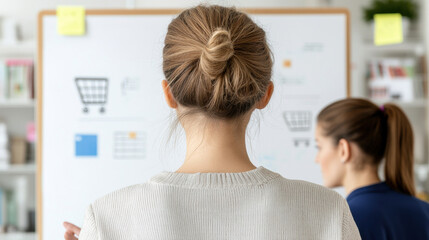 Obraz premium Business e-commerce thrives on effective collaboration. Businesswoman discussing e commerce strategies with colleague. Focus on collaboration and innovation in modern workspace