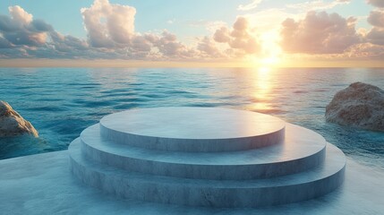 Serene Sunset Seascape: Minimalist Concrete Platform by the Ocean